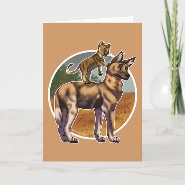 Lion and African Wild Dog Friends Card (Front)