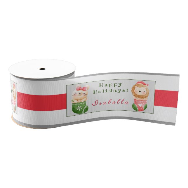 Lion and Cat Customise Text and Name Grosgrain Ribbon (Spool)
