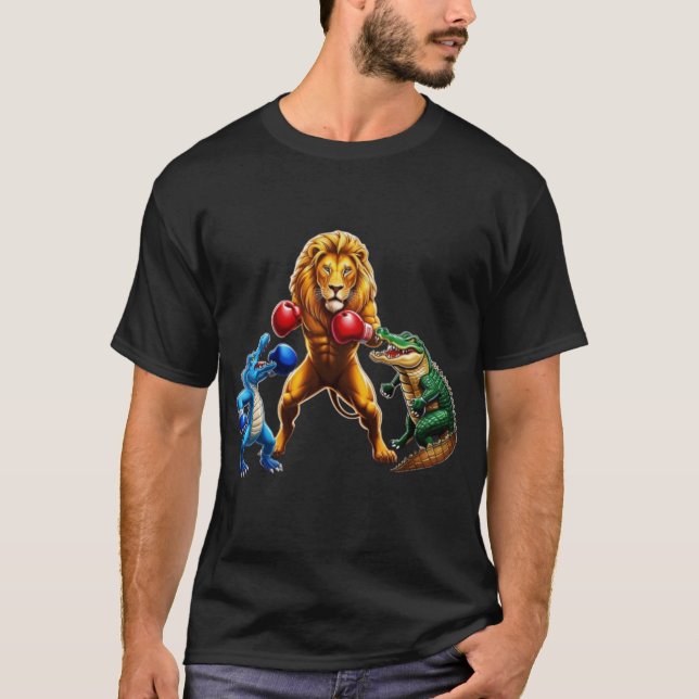 Lion and Crocodile Boxing Match Design T-Shirt (Front)