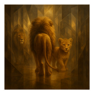 Lion and Cub in a Golden Mirror Maze – GeoWild Art Poster