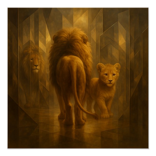 Lion and Cub in a Golden Mirror Maze – GeoWild Art Poster (Front)