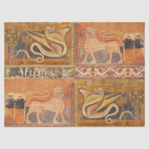 LION AND DRAGON Mediaeval Fresco in Yellow Orange Tissue Paper