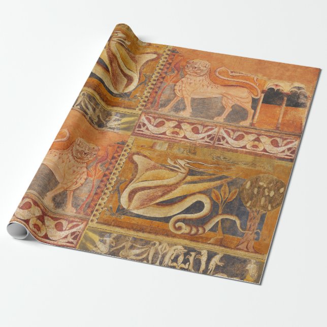 LION AND DRAGON Mediaeval Fresco in Yellow Orange Wrapping Paper (Unrolled)