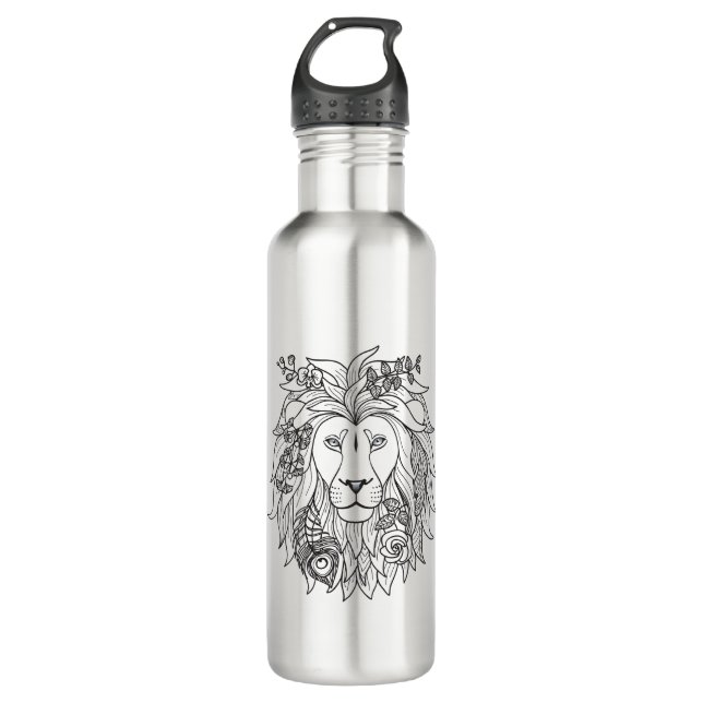 Lion And Flowers Doodle 710 Ml Water Bottle (Front)