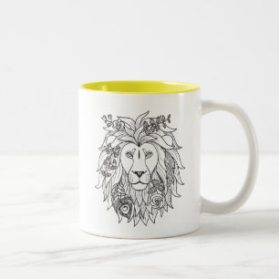 Lion And Flowers Doodle Two-Tone Coffee Mug