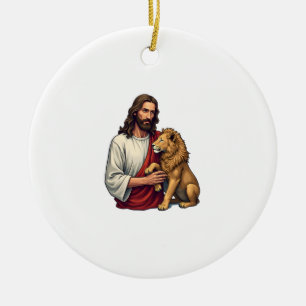 Lion And Lamb Jesus Engraved Faith Shirt 2 Ceramic Tree Decoration