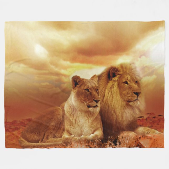 Lion and Lioness Custom Fleece Blanket, Large Blanket (Front (Horizontal))