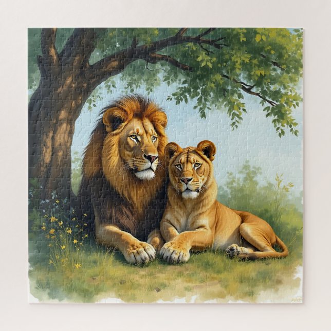 Lion and Lioness Side by Side under Tree Jigsaw Puzzle (Vertical)