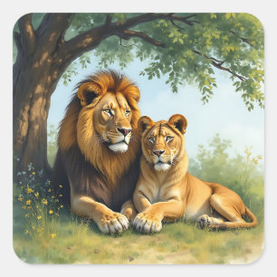 Lion and Lioness Under a Tree Square Sticker