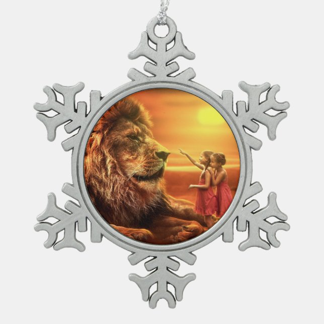 Lion and Little Girls Snowflake Pewter Christmas Ornament (Front)