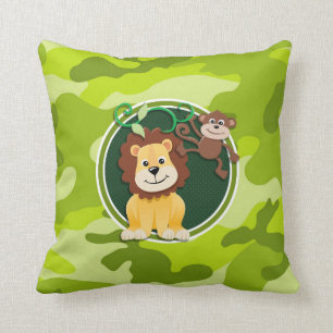 Lion and Monkey; bright green camo, camouflage Cushion