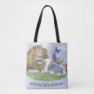 Lion and the lamb Bible verse Tote Bag