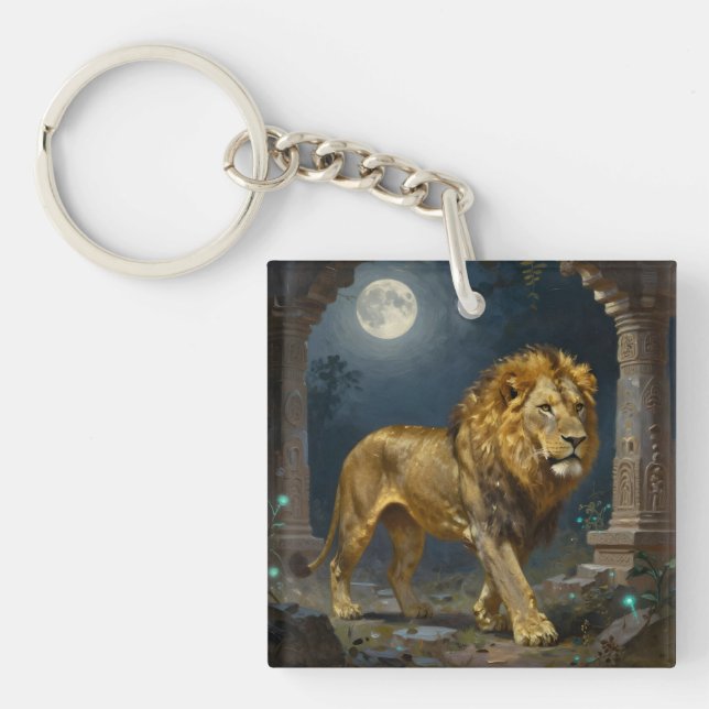 Lion and Tiger Strolling under the Moonlight  Key Ring (Front)