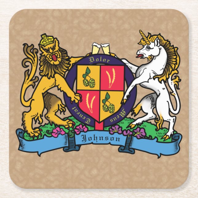 Lion and Unicorn Rampant Beer Coat of Arms Square Paper Coaster (Front)