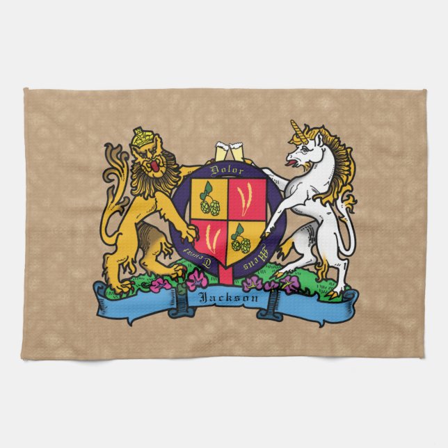 Lion and Unicorn Rampant Beer Coat of Arms Tea Towel (Horizontal)