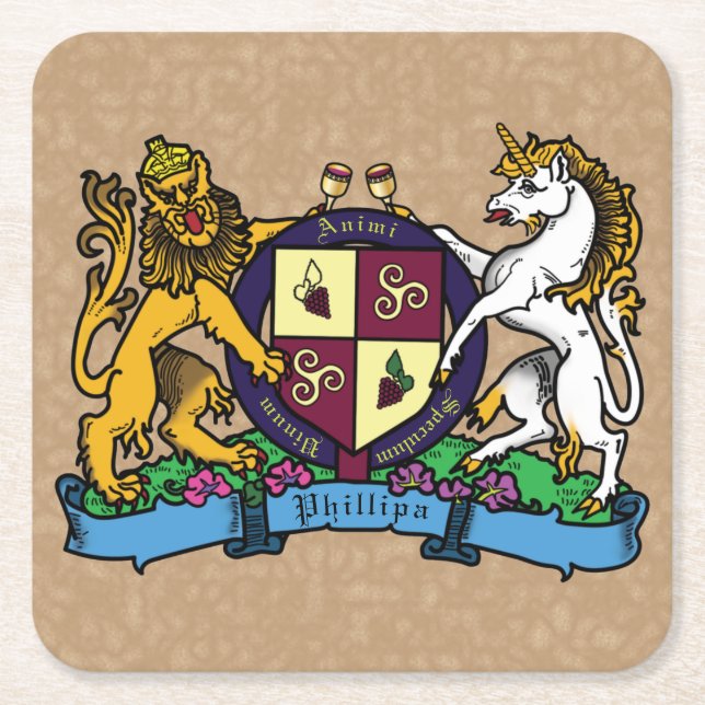 Lion and Unicorn Rampant Wine Coat of Arms Square Paper Coaster (Front)