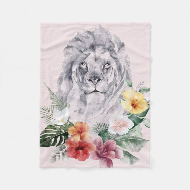 Lion Animal Flowers Fleece Blanket (Front)