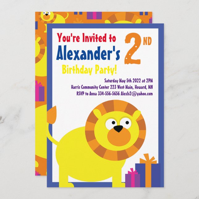 Lion Animal Kid's Birthday Party Invitations (Front/Back)