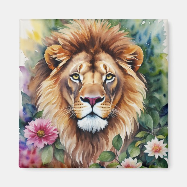 Lion Art Floral Watercolor Magnet (Front)
