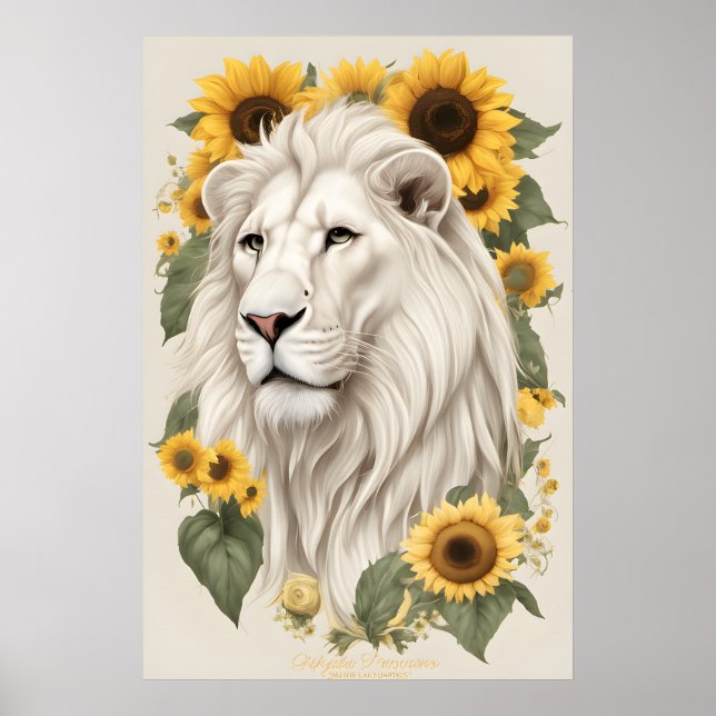 Lion Art, Sunflowers & Wildlife Safari White Lion Poster (Front)