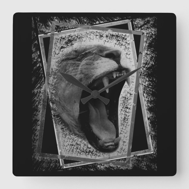 lion artwork black and white  square wall clock (Front)