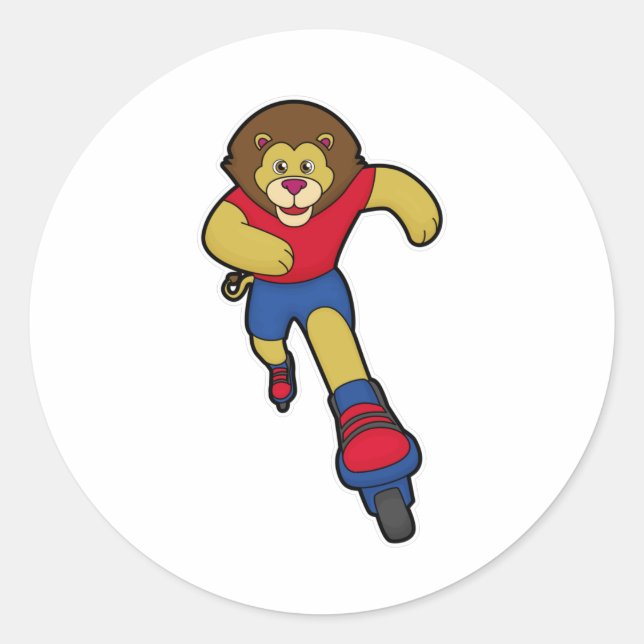 Lion as Skater with Inline skates Classic Round Sticker (Front)
