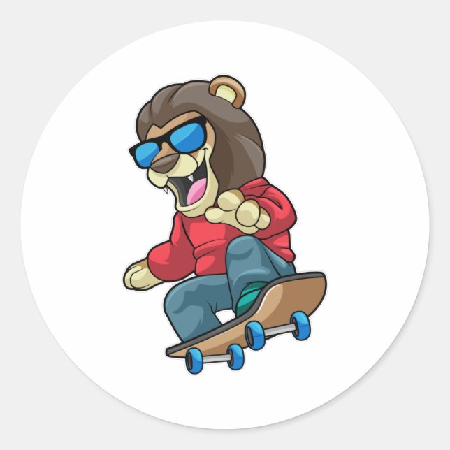 Lion as Skater with Skateboard Classic Round Sticker (Front)