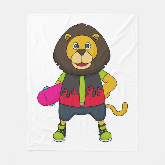 Lion as Skater with Skateboard Fleece Blanket (Front)