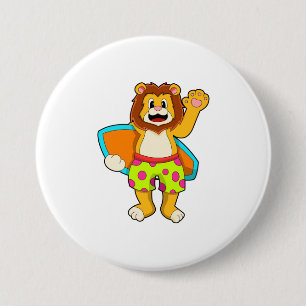 Lion as Surfer with Surfboard 7.5 Cm Round Badge