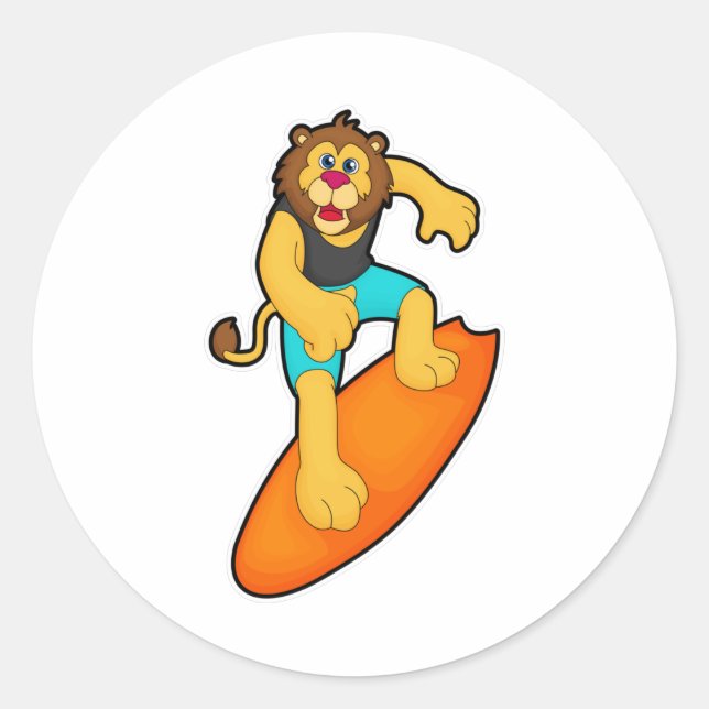 Lion as Surfer with Surfboard Classic Round Sticker (Front)