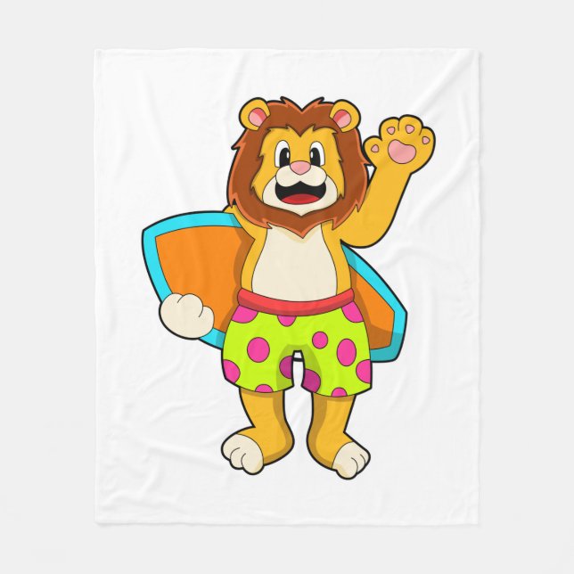 Lion as Surfer with Surfboard Fleece Blanket (Front)