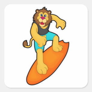 Lion as Surfer with Surfboard Square Sticker