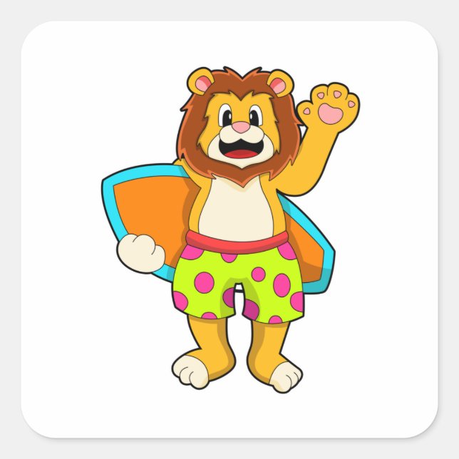 Lion as Surfer with Surfboard Square Sticker (Front)