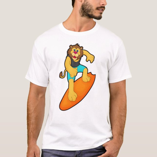 Lion as Surfer with Surfboard T-Shirt (Front)