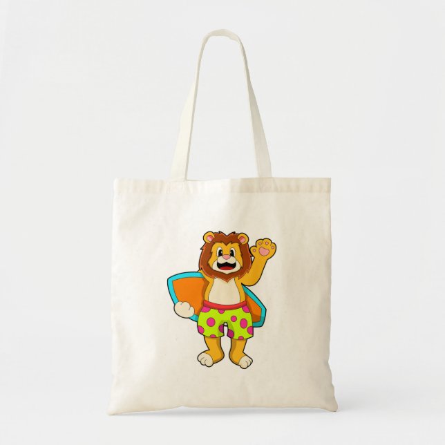 Lion as Surfer with Surfboard Tote Bag (Front)