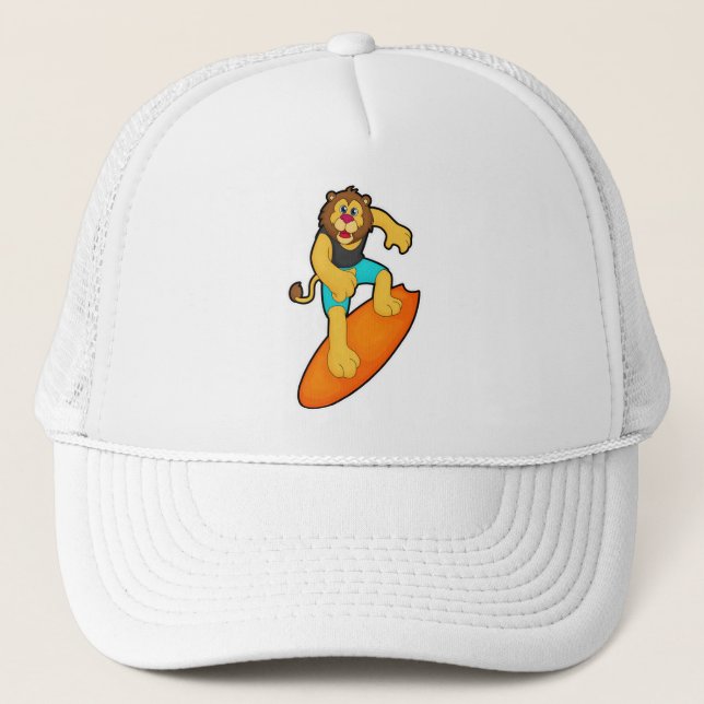 Lion as Surfer with Surfboard Trucker Hat (Front)