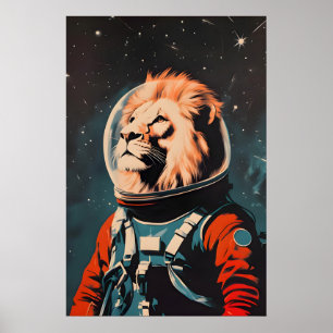 Lion Astronaut Poster, Lion Retro Print, Lion Poster