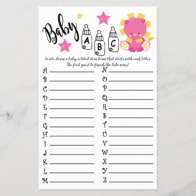 LION BABY ABC BABY SHOWER GAME CARD (Front)