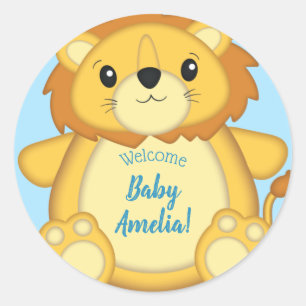 Lion Baby Shower Blue Classic Round Sticker