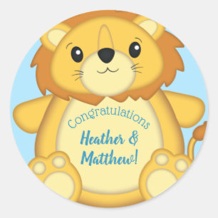 Lion Baby Shower Blue Classic Round Sticker