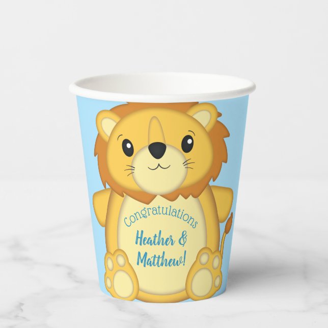 Lion Baby Shower Blue Paper Cups (Front)
