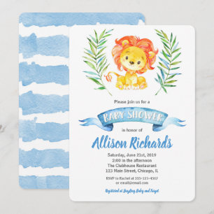 Lion baby shower invitation for boy watercolor