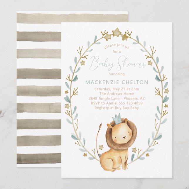 Lion Baby Shower Invitation - Jungle Animal Theme (Front/Back)
