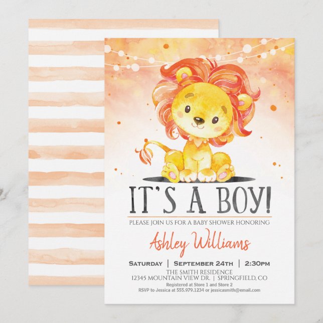 Lion Baby Shower Orange Boy Invitation (Front/Back)