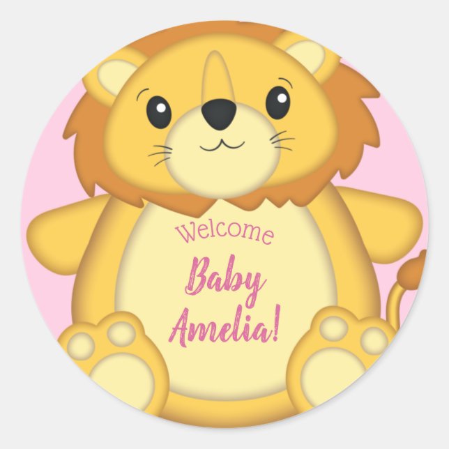 Lion Baby Shower Pink Classic Round Sticker (Front)