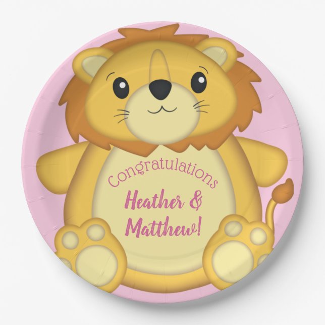 Lion Baby Shower Pink Paper Plate (Front)