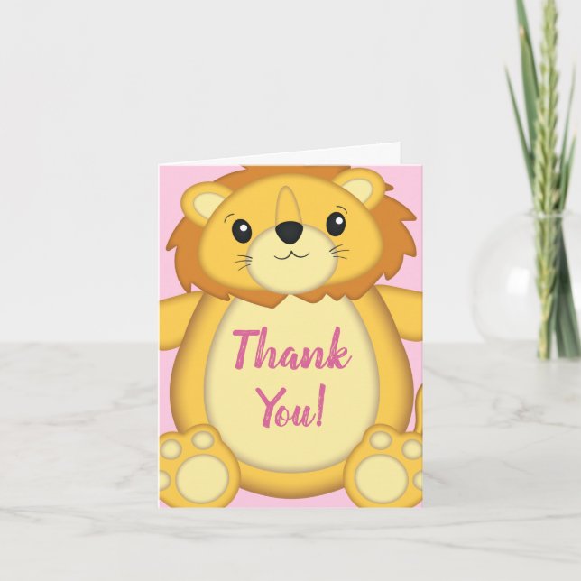 Lion Baby Shower Pink Thank You Card (Front)