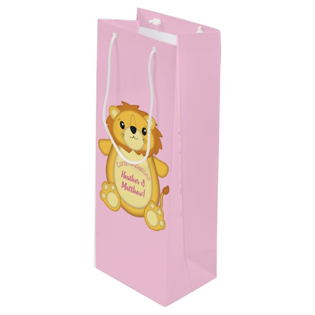Lion Baby Shower Pink Wine Gift Bag (Front Angled)