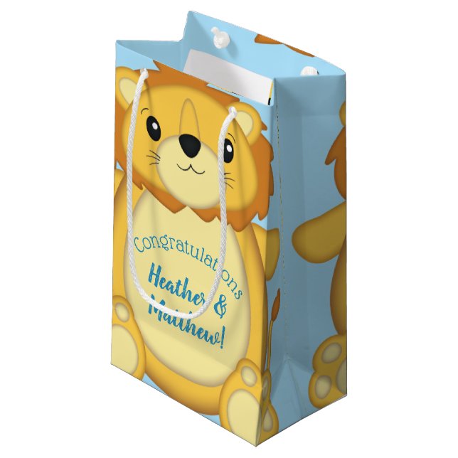 Lion Baby Shower Zoo Circus Blue Boy Small Gift Bag (Front Angled)