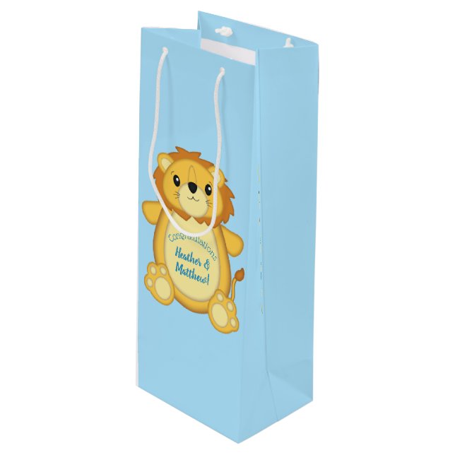 Lion Baby Shower Zoo Circus Blue Boy Wine Gift Bag (Front Angled)